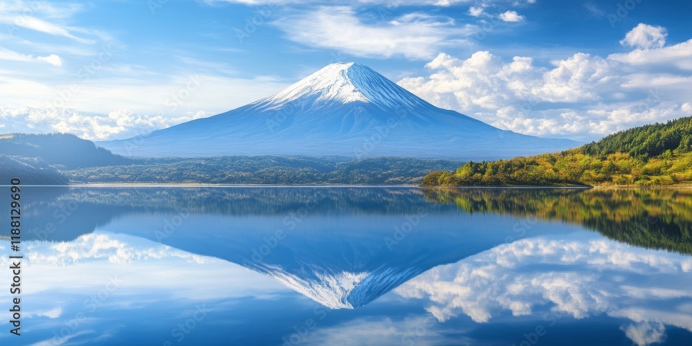Naklejka premium Mountain Fuji reflected in a tranquil lake during spring captures the stunning beauty of Mountain Fuji. The serene spring scenery highlights Mountain Fuji s impressive presence in nature.