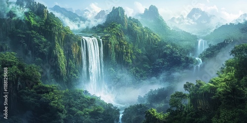 A grand waterfall cascades down the mountainside amidst a misty rainforest, creating a breathtaking scene of natural beauty and tranquility in the vibrant greenery.