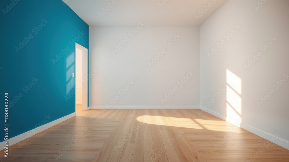 Sunlight streams through a window in an empty room, casting long shadows on the hardwood floor and illuminating a bright blue wall Sunlight streams through a window in an empty room, casting long shadows on the hardwood floor and illuminating a bright blue wall