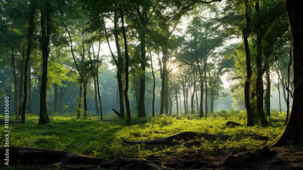 Fototapeta premium Sunlit Forest at Dawn: A Tranquil and Peaceful Morning Scene