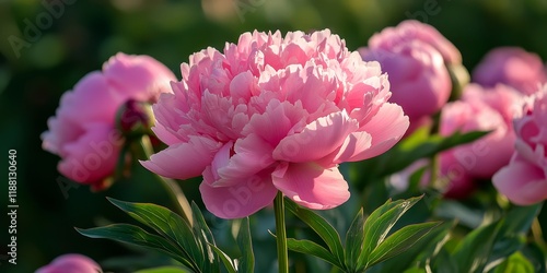 Wallpaper Mural Pink peony flowers are beautifully blooming in the garden. This stunning peony variety features lush blooms and is scientifically known as Paeonia lactiflora, showcasing vibrant pink colors. Torontodigital.ca
