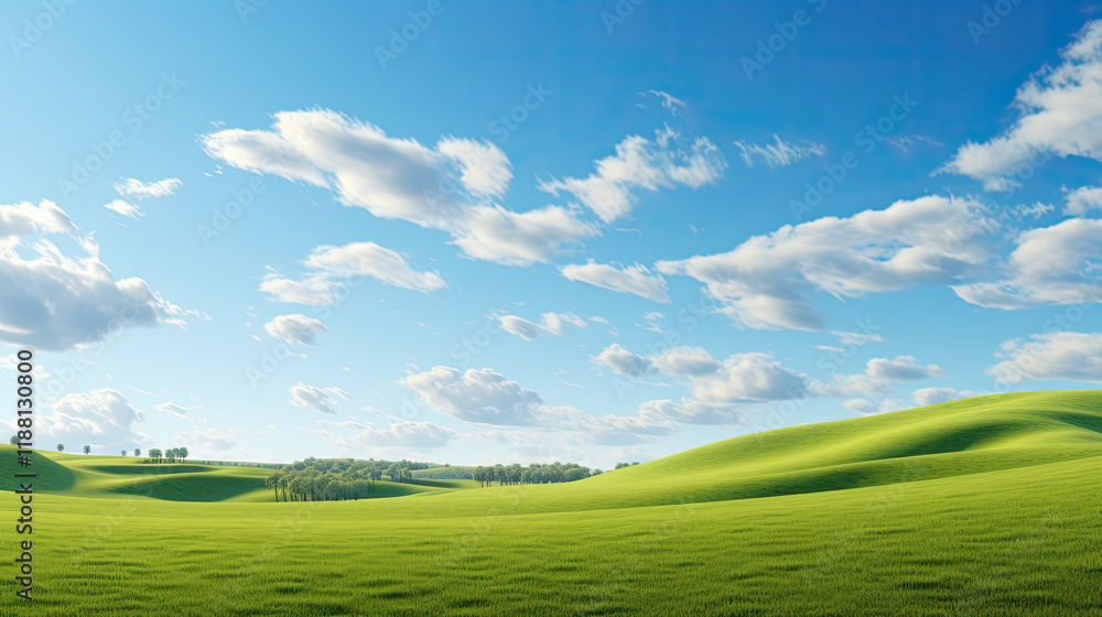 Serene landscape of rolling green hills under a bright summer sky with fluffy white clouds Serene landscape of rolling green hills under a bright summer sky with fluffy white clouds