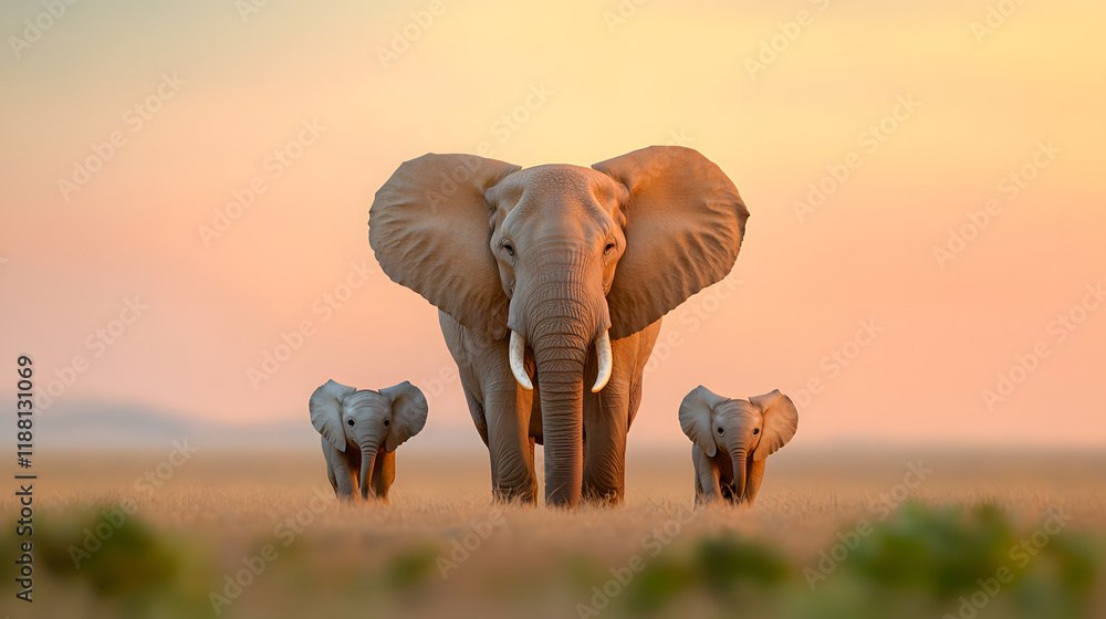 Fototapeta premium herd of elephants walking gracefully across African savanna at sunset, showcasing their majestic presence and familial bonds. warm colors of sky enhance serene atmosphere