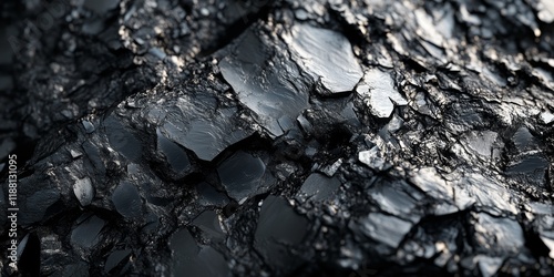 Closeup macro image of black lead zinc ore showcasing its unique irregular texture, reflecting the cold beauty of natural resources and the innovative approach of generative algorithm spatial design.