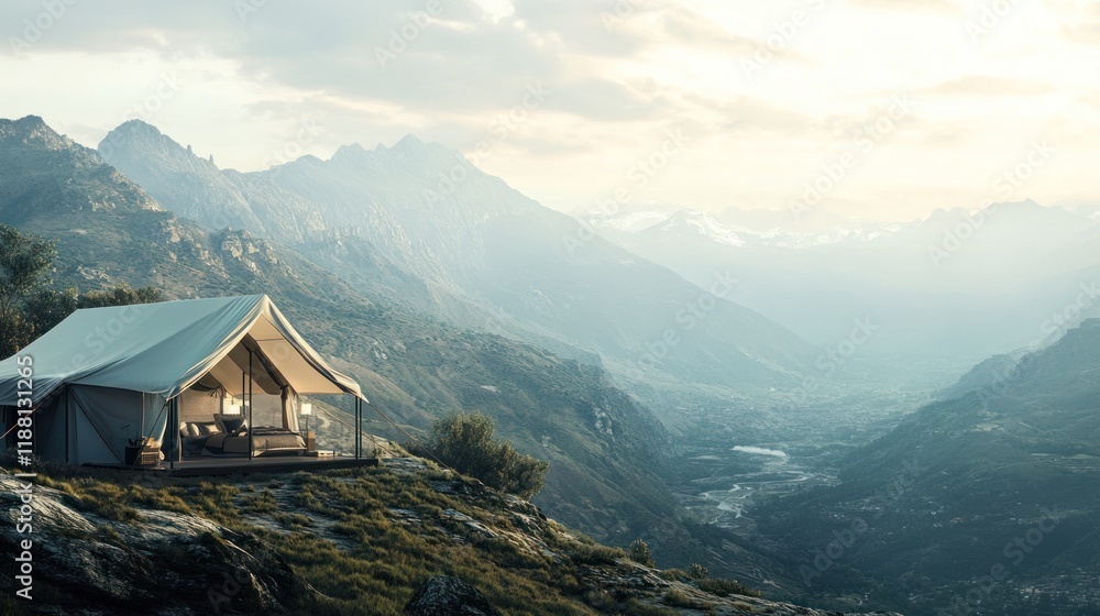Fototapeta premium Luxury glamping tent on mountaintop overlooking valley.