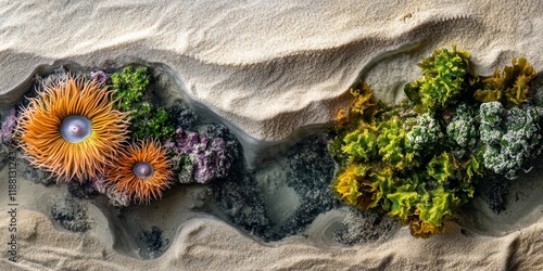 A captivating top view of a sea anemone alongside vibrant algae over sandy textures, showcasing the beauty of marine life with the sea anemone and algae in perfect harmony. photo