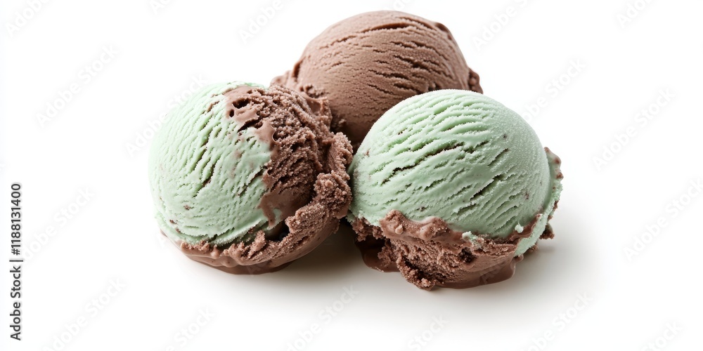 Mint chocolate ice cream set against a white background. The delicious chocolate mint flavor of the ice cream contrasts beautifully with the bright, clean white backdrop. Mint chocolate ice cream set against a white background. The delicious chocolate mint flavor of the ice cream contrasts beautifully with the bright, clean white backdrop.