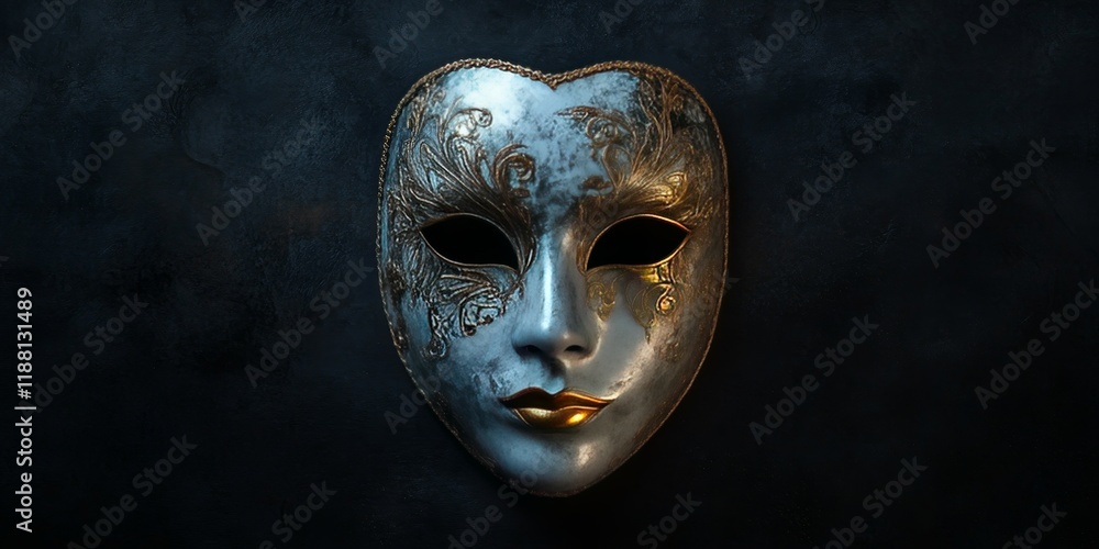A Venetian mask is set against a dark background, featuring elegant golden accents that enhance its beauty and charm. The contrast makes the mask stand out beautifully. A Venetian mask is set against a dark background, featuring elegant golden accents that enhance its beauty and charm. The contrast makes the mask stand out beautifully.