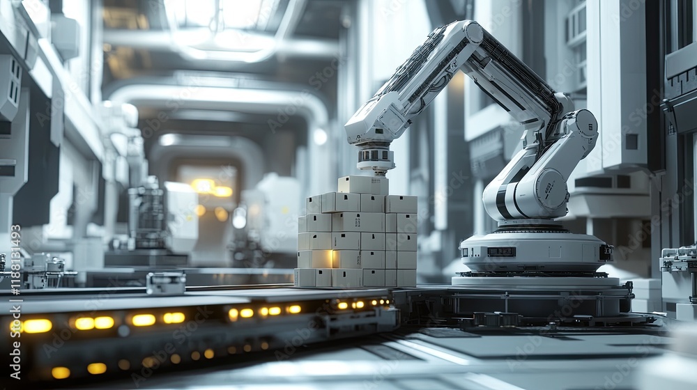 A robotic arm stacking glowing boxes on a conveyor belt in a futuristic automated setting. A robotic arm stacking glowing boxes on a conveyor belt in a futuristic automated setting.