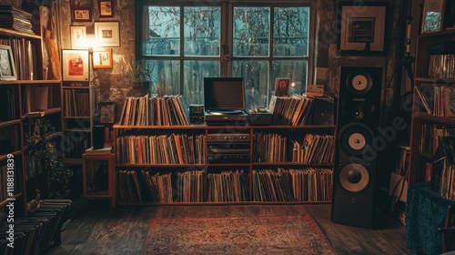 Wallpaper Mural Cozy Home Music Studio with Vinyl Records and Antique Decor Torontodigital.ca