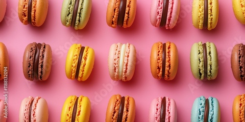 Colorful macarons arranged on a vibrant background showcase a delightful pattern of French cookies. These charming macarons make an ideal gift for Valentine s Day or any special occasion. photo