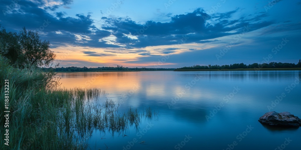 Fototapeta premium Stunning landscape featuring serene water in a beautiful evening mood. The enchanting water, whether from a sea, lake, or river, is one of nature s most captivating elements, enhancing every getaway.