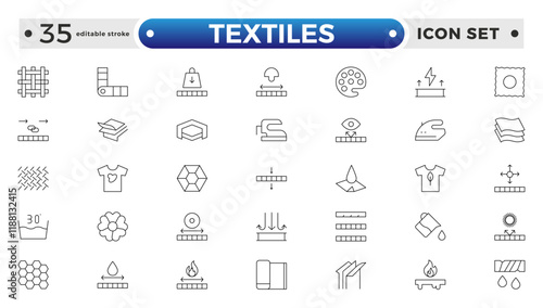 Textiles outline icon. Fabric features line icon set. Fabric, textile material, cotton, leather, silk, synthetics, wool, bamboo, waterproof, windproof and others. Editable stroke outline icon.
