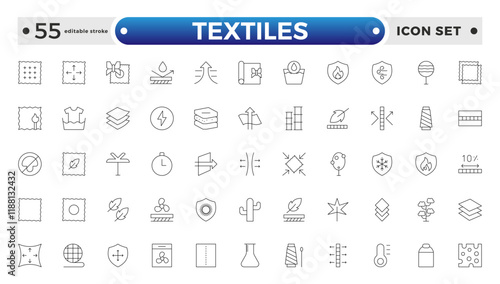Textiles outline icon. Fabric features line icon set. Fabric, textile material, cotton, leather, silk, synthetics, wool, bamboo, waterproof, windproof and others. Editable stroke outline icon.
