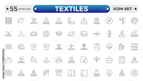 Textiles outline icon. Fabric features line icon set. Fabric, textile material, cotton, leather, silk, synthetics, wool, bamboo, waterproof, windproof and others. Editable stroke outline icon.
