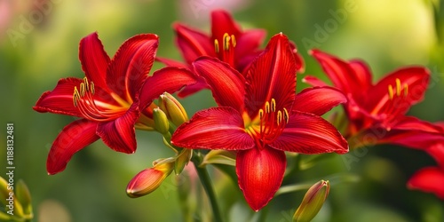 Vibrant red daylily flowers in full bloom, showcasing the beauty of bright red daylilies. These stunning bright red daylilies capture attention with their striking color and exquisite petals.