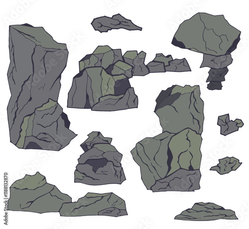 Vector illustration of dark gray rock formations and boulders in various shapes and sizes. Ideal for game design, maps, natural landscapes, or graphic projects needing rugged stone elements