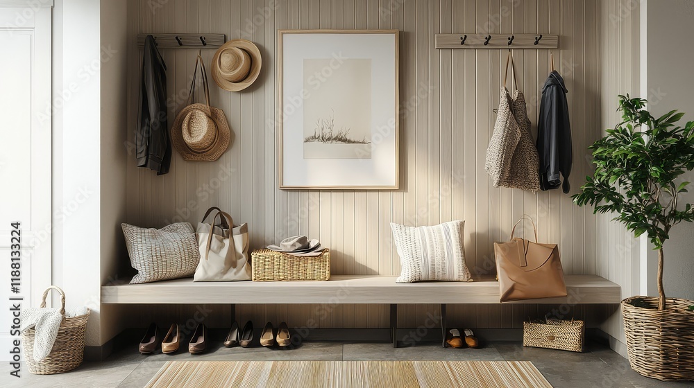 Fototapeta premium Stylish and Cozy Entryway with Modern Decor and Natural Elements