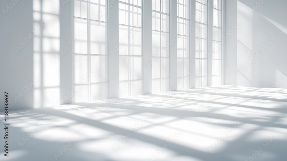 Sunlight streams through large windows in a minimalist white room, casting shadows on the floor. Sunlight streams through large windows in a minimalist white room, casting shadows on the floor.