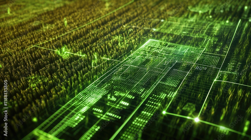 Concept of AI-driven smart farming with sensors and data analytics visuals overlaid on a vibrant green field. Concept of AI-driven smart farming with sensors and data analytics visuals overlaid on a vibrant green field.