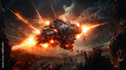 Fiery Spaceship Explosion Amidst Cosmic Debris