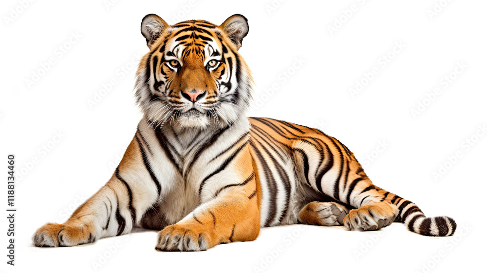 Fototapeta premium Majestic Tiger Lying Down on White Background
