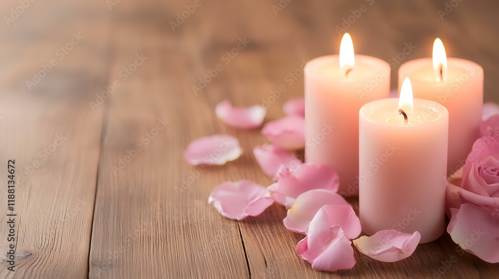 Pink candles, rose petals, wooden table, soft light, spa background Pink candles, rose petals, wooden table, soft light, spa background