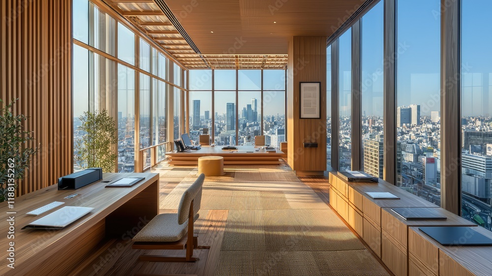 Obraz premium Modern Office Interior with City View and Natural Light