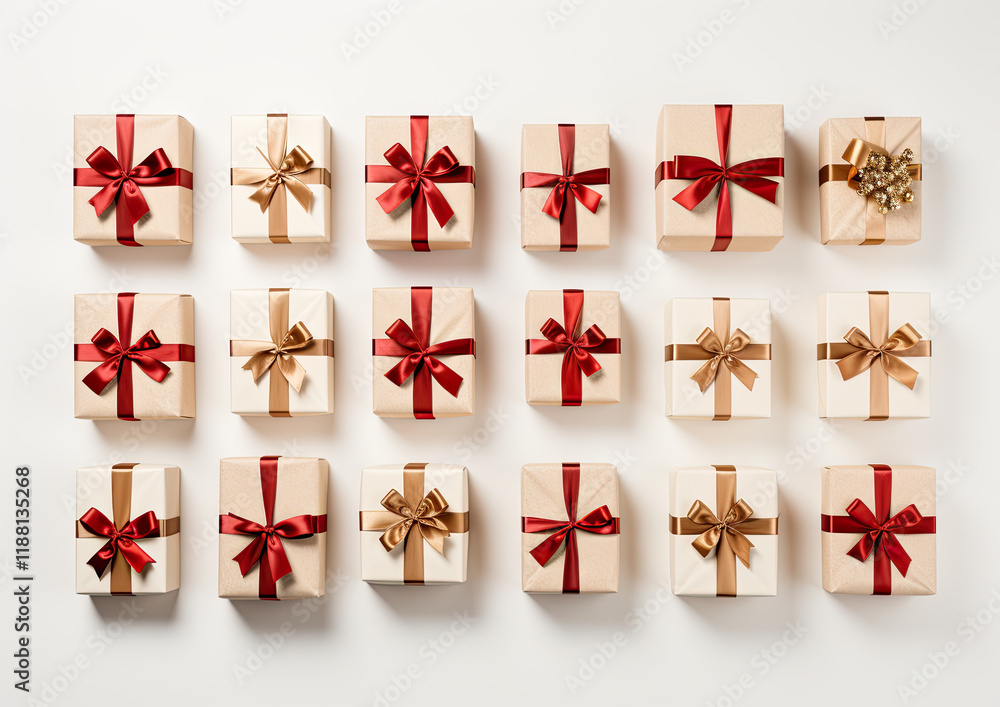Fototapeta premium Festive Gift Boxes Arranged in Rows on White Background