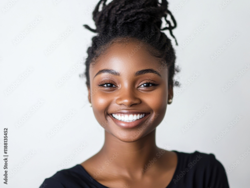 Young woman with bright smile and textured hair shares joy in a serene indoor setting Young woman with bright smile and textured hair shares joy in a serene indoor setting