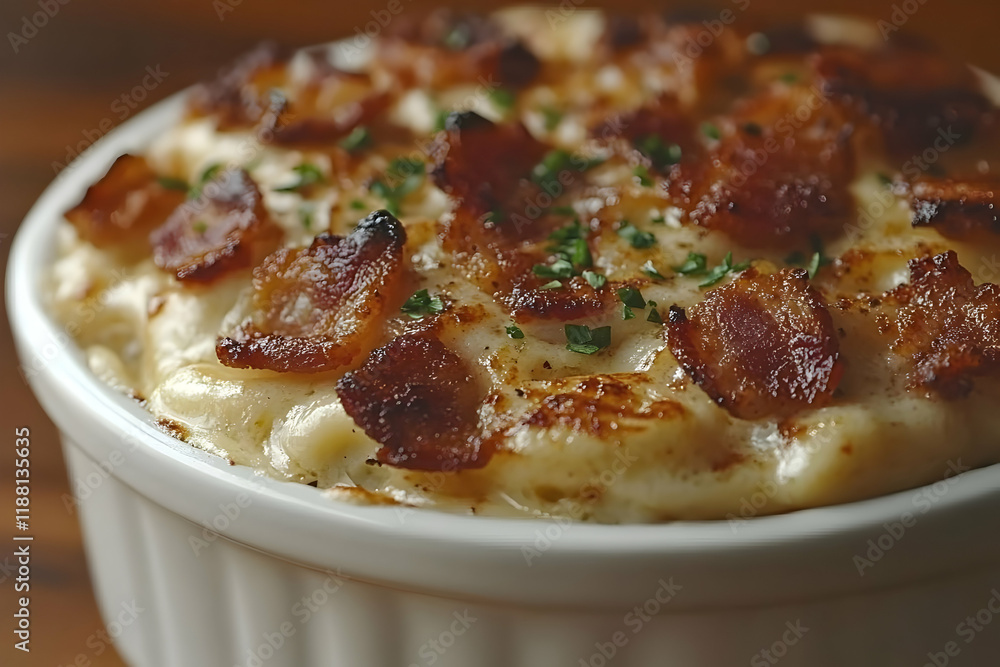 Crispy Bacon and Creamy Macaroni and Cheese in a White Bowl