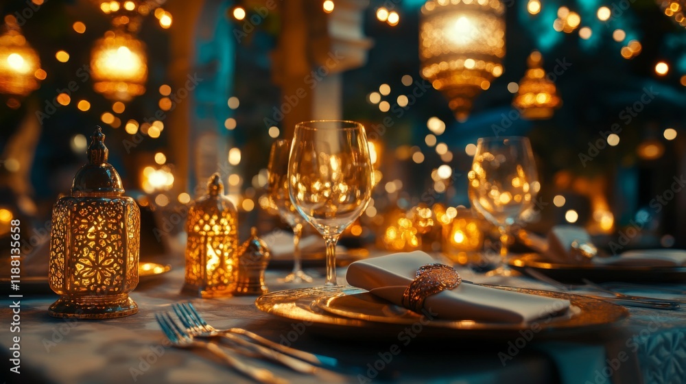 Romantic Dinner Setting With Elegant Lanterns And Lights Romantic Dinner Setting With Elegant Lanterns And Lights