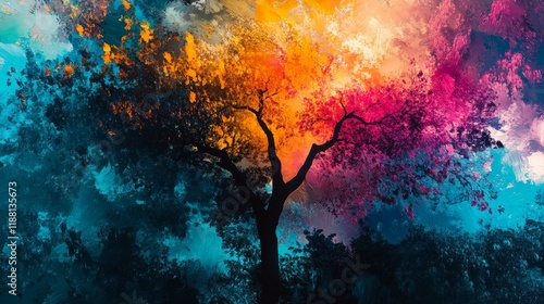 Vibrant multicolored texture abstraction featuring a forest tree with a distinctive breakaway piece, ideal for creative designs and artistic backgrounds in various projects.