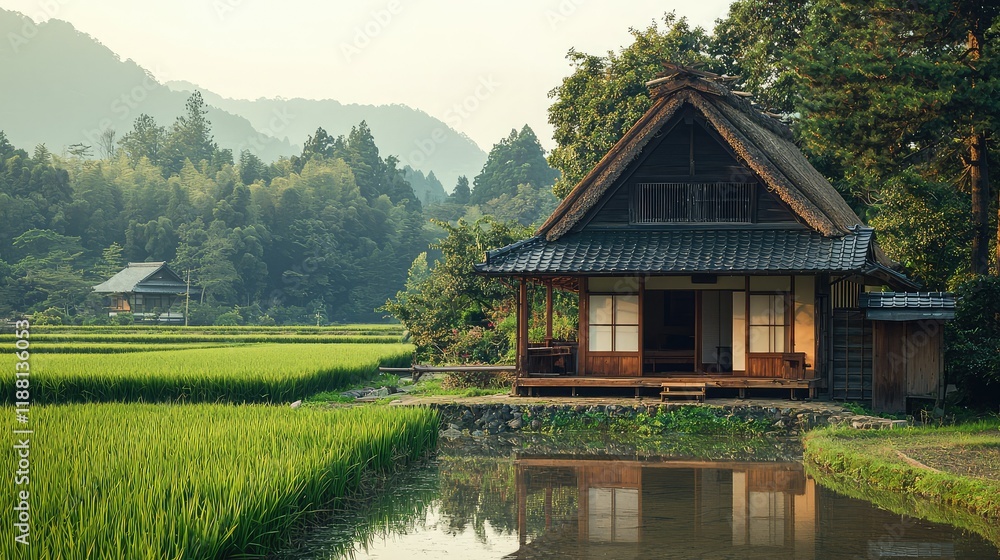 Fototapeta premium Serene Traditional Japanese House Surrounded by Lush Green Landscape