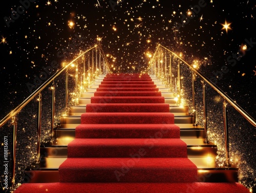 Staircase adorned with sparkling lights and red carpet leading to a starry backdrop during a festive event