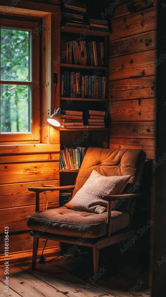 Cozy Reading Nook in Rustic Cabin with Warm Wooden Interior Cozy Reading Nook in Rustic Cabin with Warm Wooden Interior