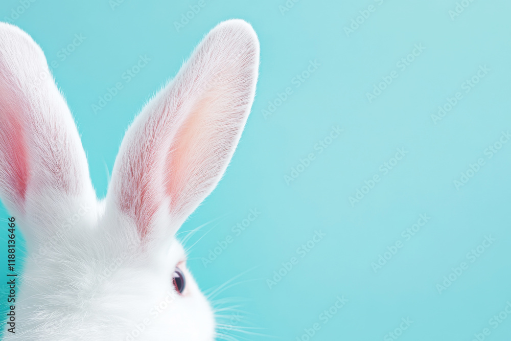 Cute white rabbit with long ears against a bright blue background making it a delightful visual for animal lovers