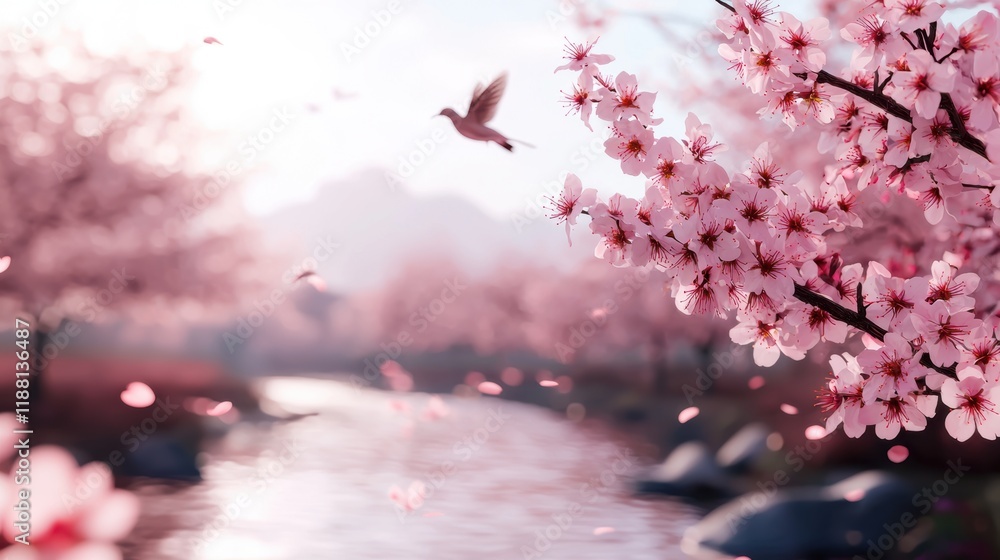 Fototapeta premium Serene Cherry Blossom Landscape with Bird Over Tranquil Waterway