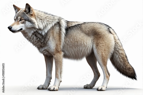 Gray wolf standing on white background.