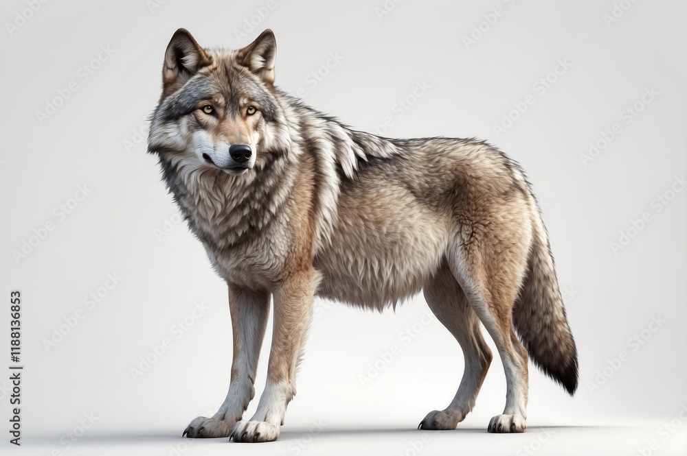 Obraz premium Grey wolf standing, side profile, isolated on white background.