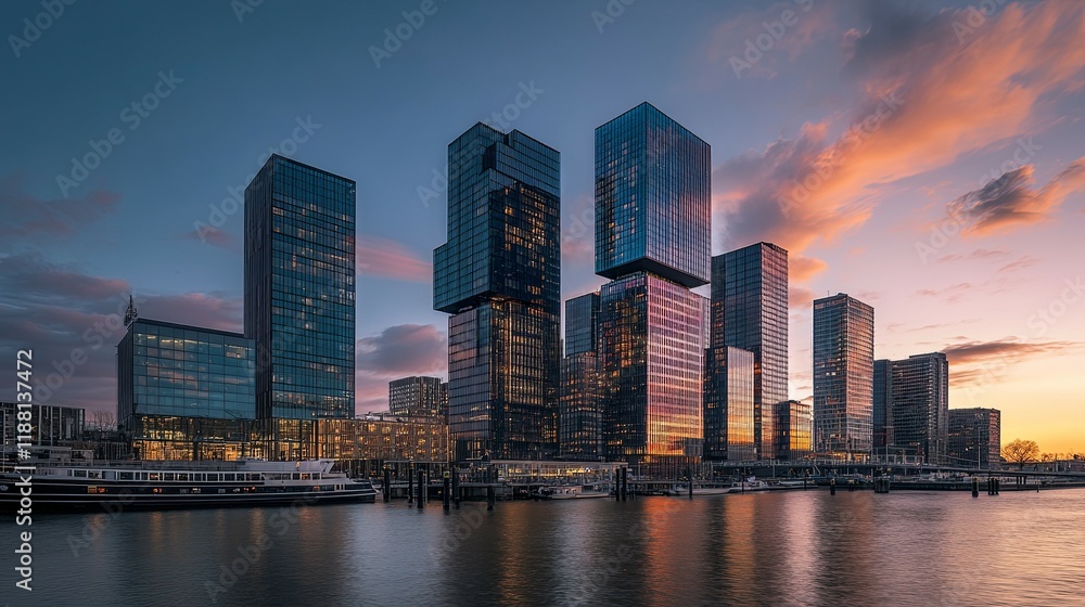 Modern Cityscape: Sunset Reflections on Glass Towers Modern Cityscape: Sunset Reflections on Glass Towers