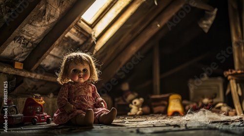 Abandoned Doll in Dusty Attic with Sunlight Streaming In