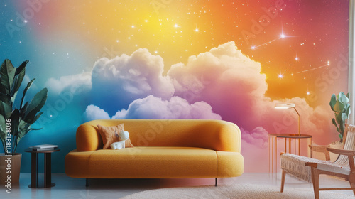 Celestial Dreamscape Wall Mural:  A captivating, colorful wall mural transforms a living space into a dreamlike escape, with vibrant hues of pink, blue, and yellow creating a celestial backdrop. photo