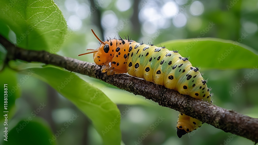 Vibrant yellow, green, and orange caterpillar crawling on a tree branch. Vibrant yellow, green, and orange caterpillar crawling on a tree branch.