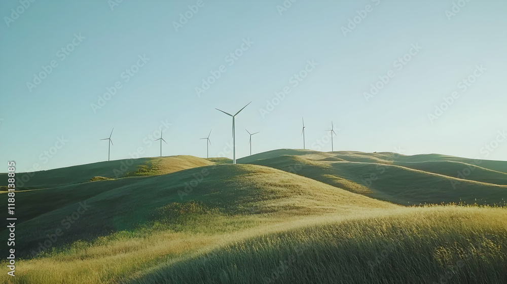 Wind turbines on rolling hills at sunrise Wind turbines on rolling hills at sunrise