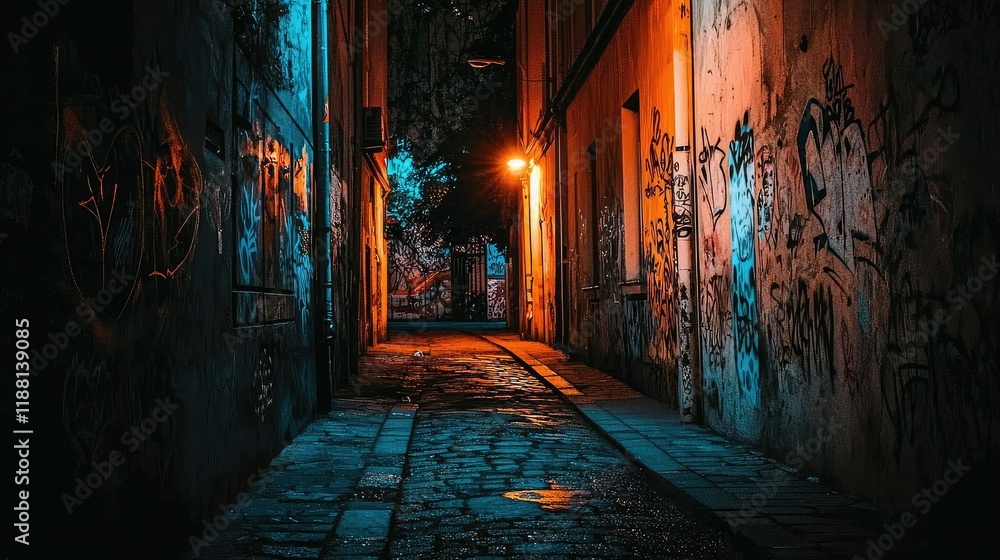 Obraz premium Narrow Alleyway at Night with Graffiti and Ambient Street Lights