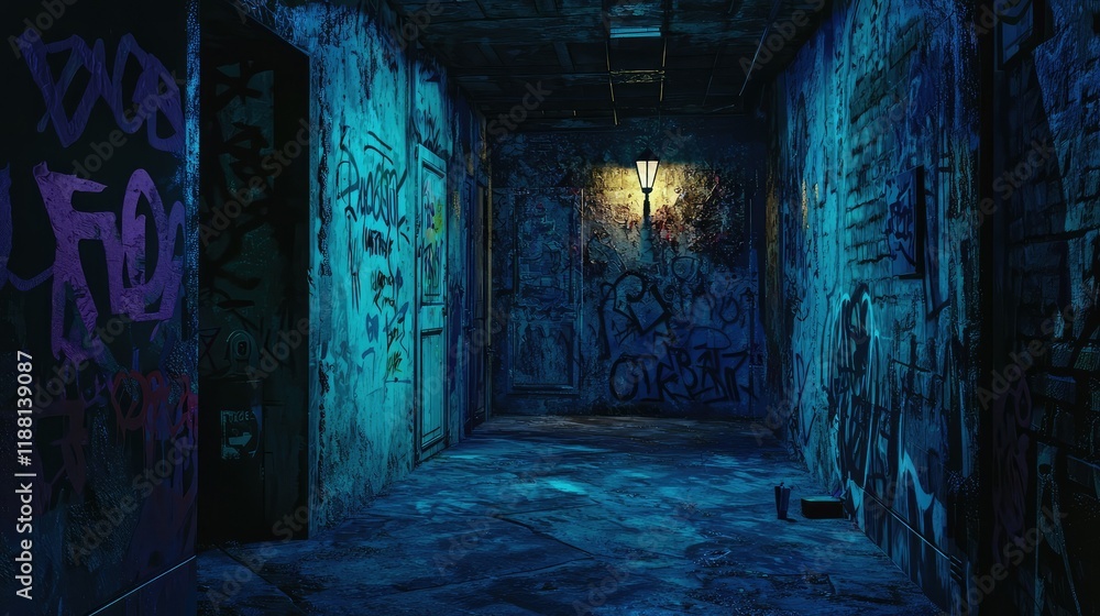 Dark Urban Corridor with Graffiti and Mysterious Light Source Dark Urban Corridor with Graffiti and Mysterious Light Source