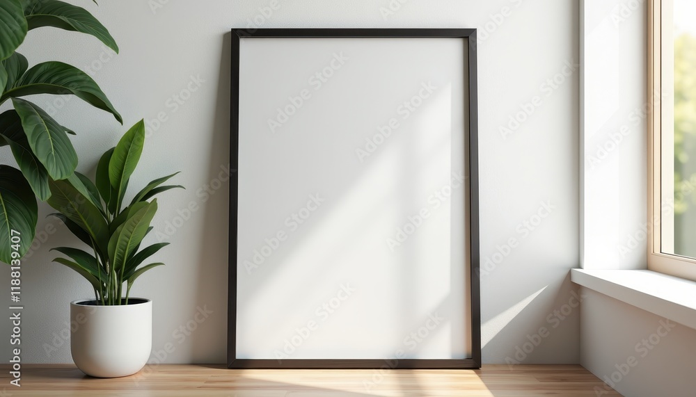 A clean empty poster frame in an office ready to display a custom visual. A clean empty poster frame in an office ready to display a custom visual.
