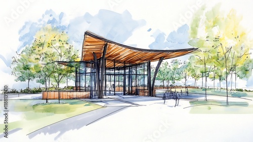 Architectural Sketch Modern Pavilion Design Concept  Landscaped Setting with Trees