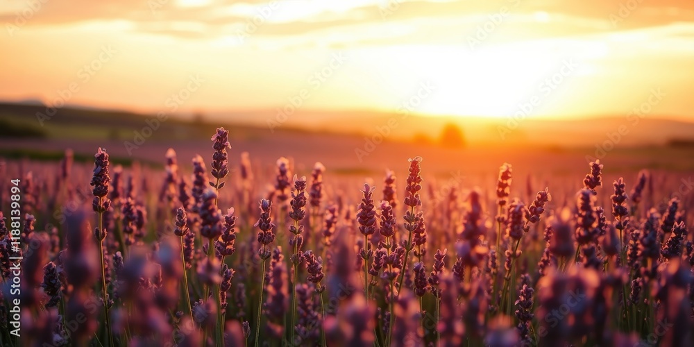 Naklejka premium A field of purple lavender blooms basks in the golden glow of a setting sun, creating a breathtaking natural panorama.